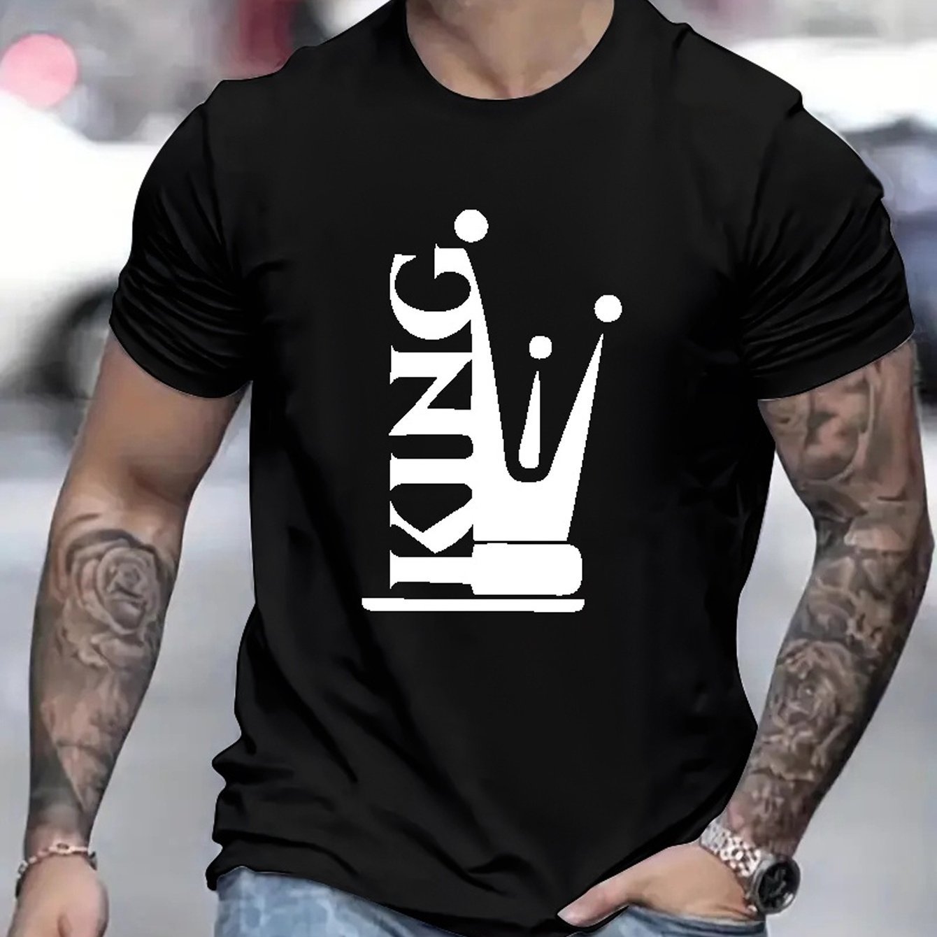 KING Creative Letter Printed Casual Round Neck Men's Short Sleeved Shirt, Quick Drying Comfortable Casual Summer T-shirt, Suitable For Daily Wear, Exercise And Vacation Destinations