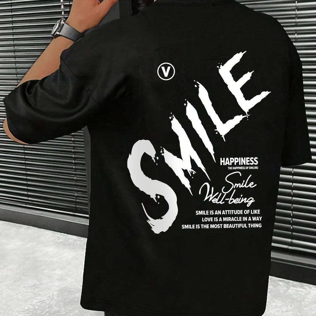 Graffiti SMILE Letter Print Men's Fashionable Daily Short Sleeved Round Neck T-shirt, Summer Outdoor