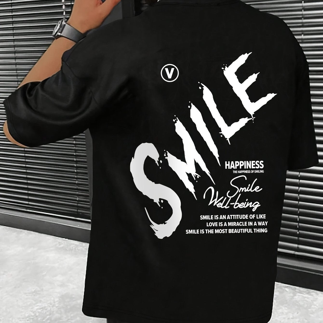 Graffiti SMILE Letter Print Men's Fashionable Daily Short Sleeved Round Neck T-shirt, Summer Outdoor