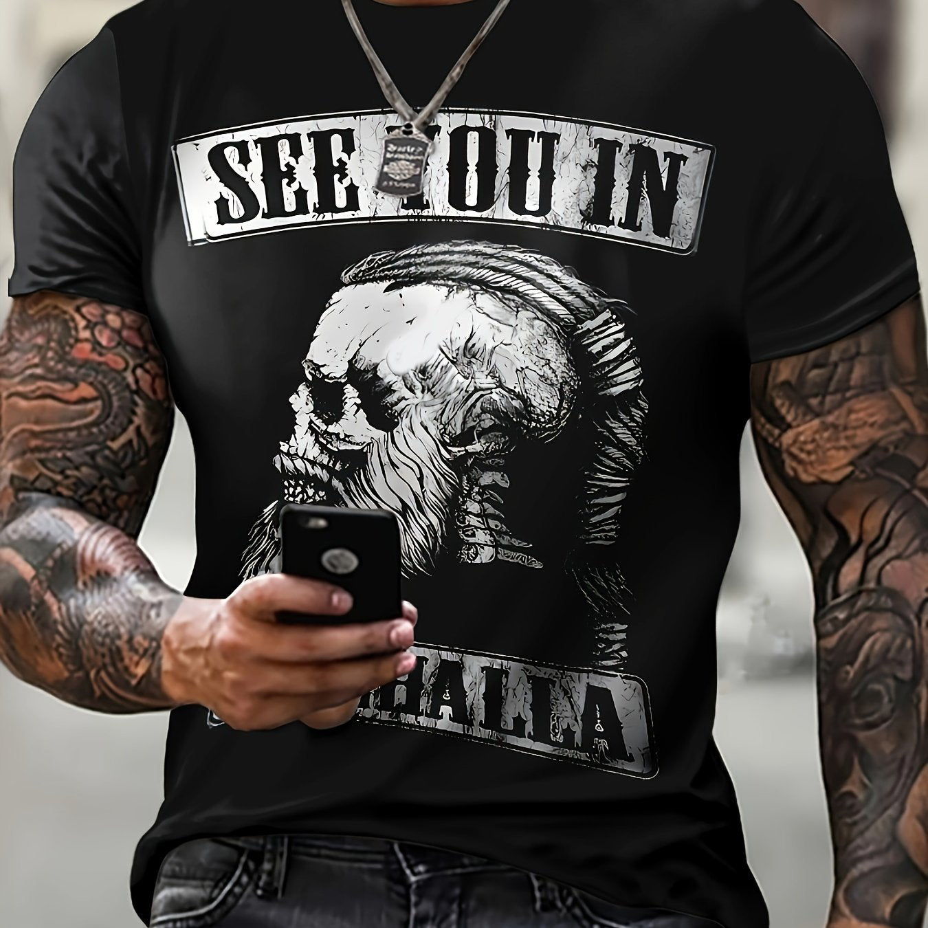 Skull And Alphanumeric Print Men's Cool Short Sleeved Round Neck T-shirt, Summer Outdoor