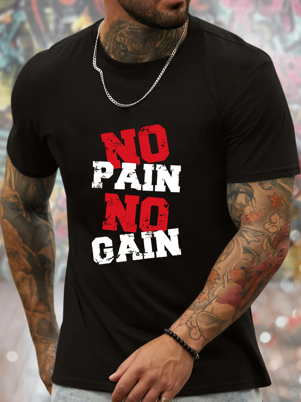 Men's NO PAI NO GAIN Pattern Printed T-shirt, Summer Fashionable Sports Short Sleeve T-shirt, Fashionable Casual Style