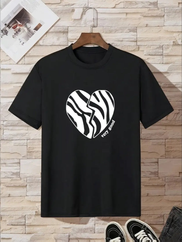 Zebra Stripe Heart Print Casual Short Sleeve T-shirt For Boys, Cool Comfy Lightweight Versatile Tee Top, Boys Summer Outfits Clothes