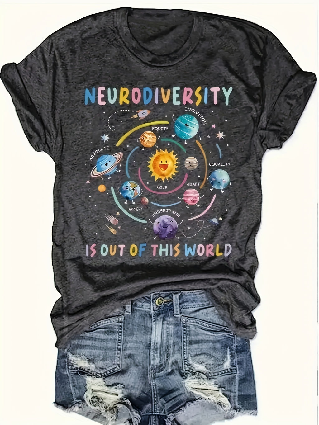Planet Minimalist Letter Pattern Printed Plus Size T-shirt, Casual Round Neck Summer Short Sleeved Women's Top