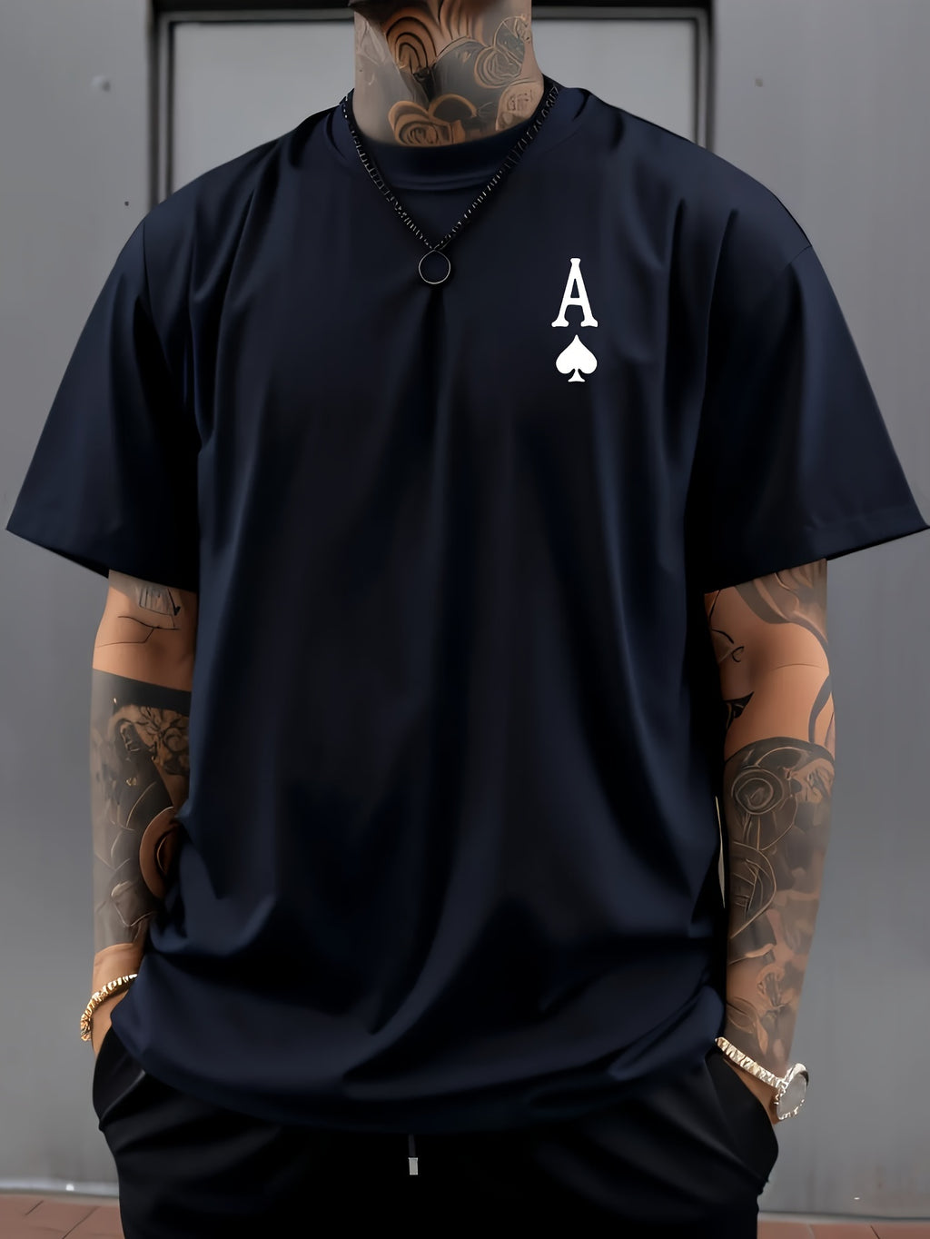 Men's Retro Spade A Printed Short Sleeved Round Neck Casual Sports T-shirt, Polyester Fiber Multifunctional Summer Top