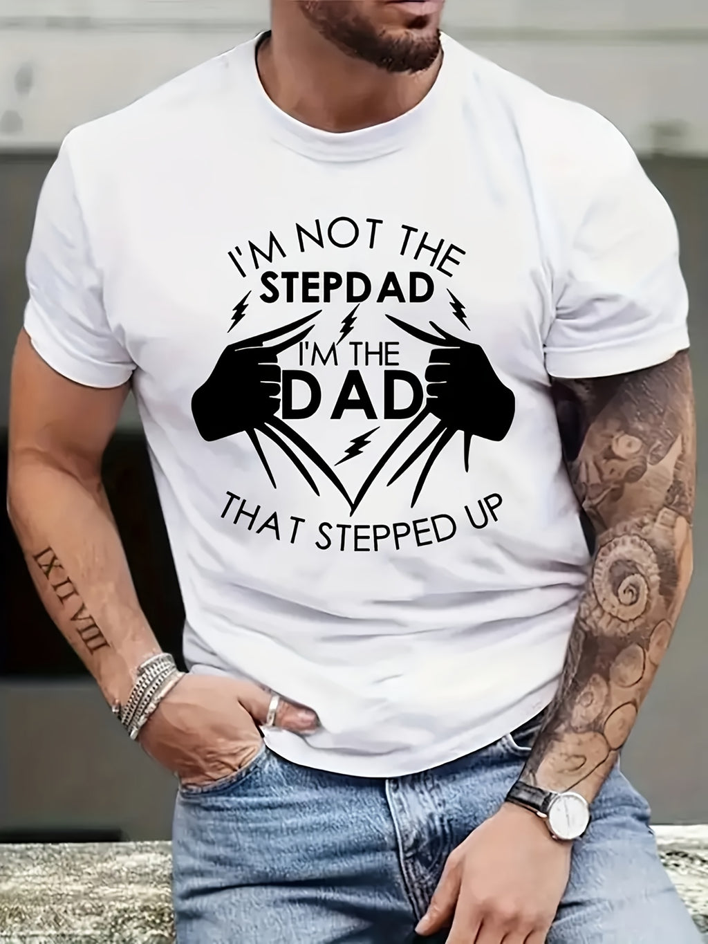 Stand Up Dad Stepfather T-shirt, Men's T-shirt, Summer, Spring, Autumn Casual Short Sleeved T-shirt, Top As Gifts