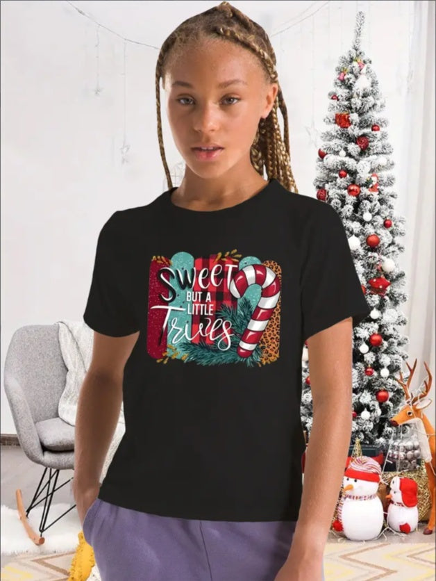 Girls' Festive Christmas Graphic Tee - Casual Crew Neck, Machine Washable - Perfect For Summer