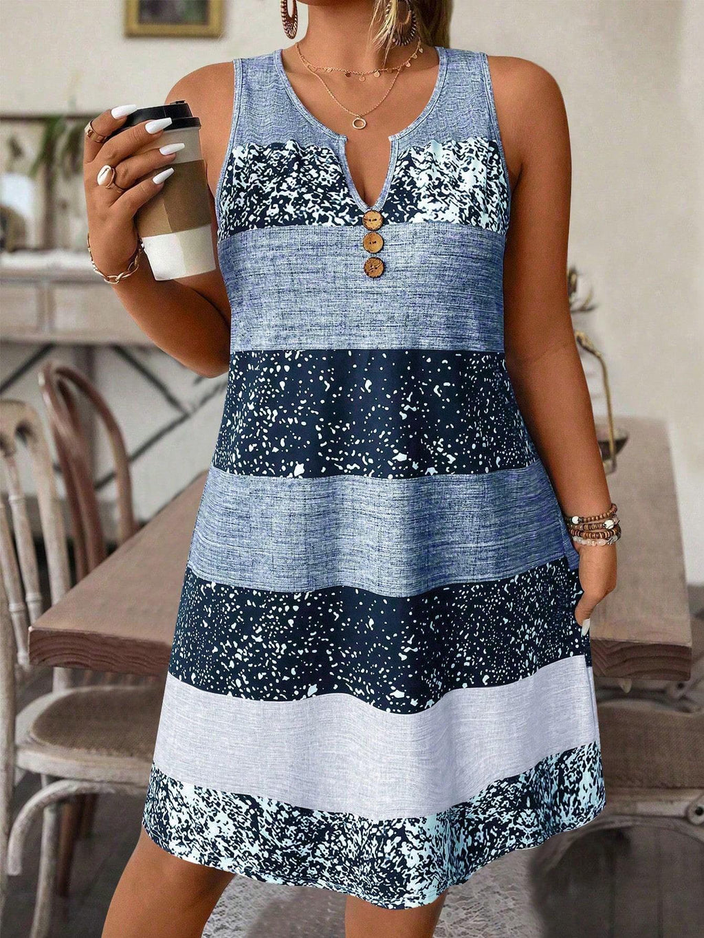 Plus-size Striped Tank Top Sleeveless Skirt Print