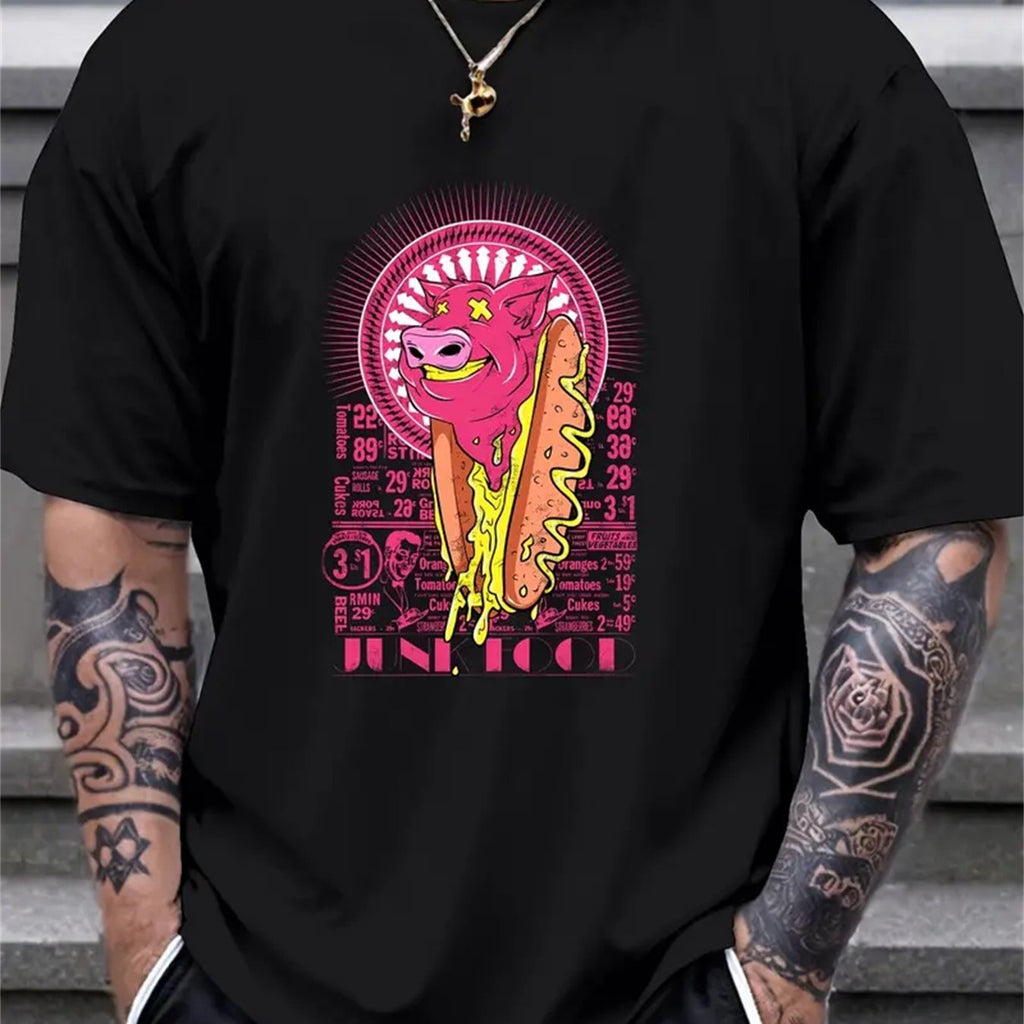 Extra Large Men's Letter Pattern Printed T-shirt - Soft Round Neck, Comfortable Fit, Slightly Elastic Knitted Fabric, Casual Summer T-shirt