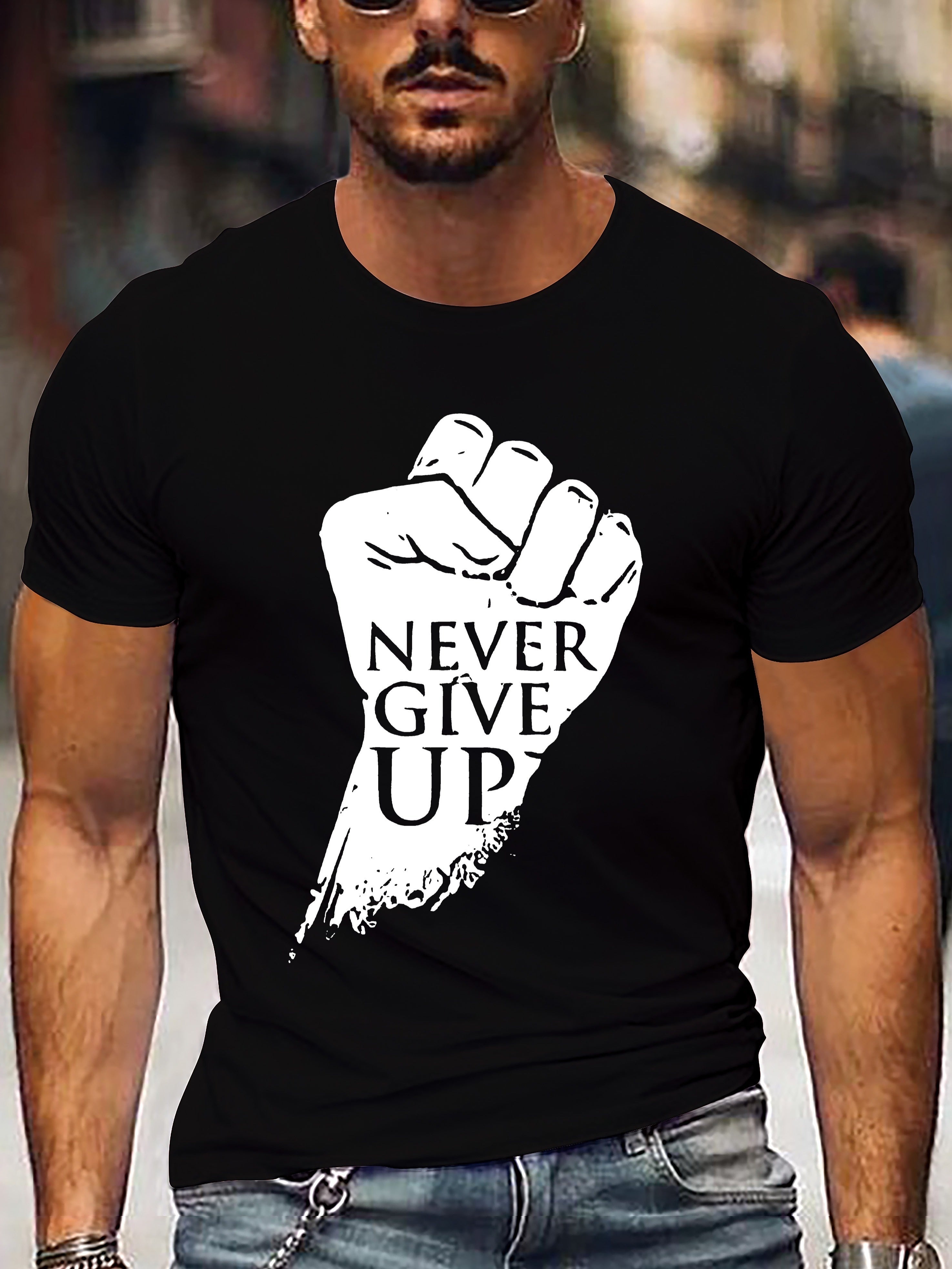Fist Never Give Up Pattern Men's Short Sleeve T-shirt, Comfortable Elastic Summer Fashion T-shirt, Casual Daily Style Fashion Clothing