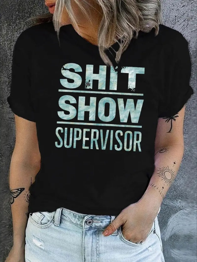 Breathable Regular Fit SHOW SUPERVISOR Typography Print Classic Basic Top T-Shirts, Fashionable Short Sleeves, Summer Streetwear, Casual Cool Tees, Women's Clothing
