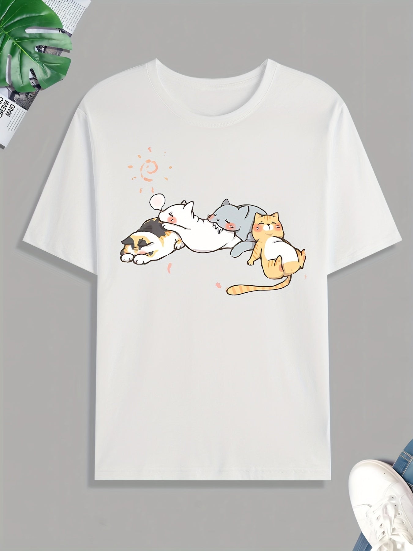 Cute Cat Nap Printed T-shirt, Men's T-shirt, Summer, Spring, Autumn Casual Short Sleeved T-shirt, Top As A Gift