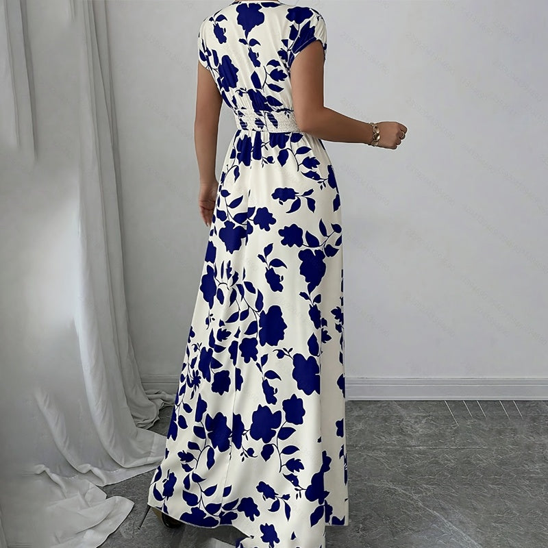 Women's Wrap V Neck Short Sleeve Empire Elastic Waist Summer Casual Elegant Maxi Long Dresses