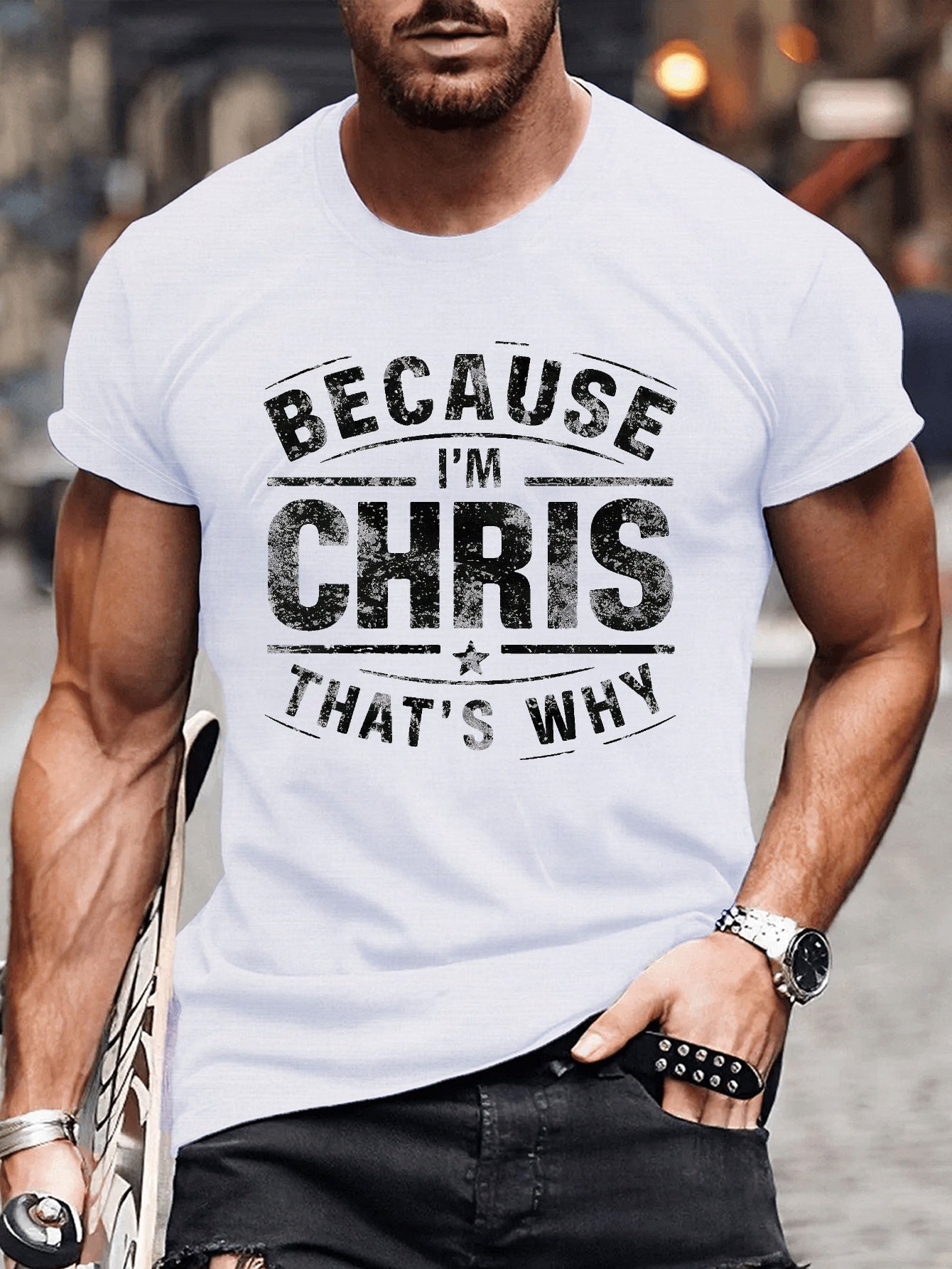 Chris Illustrated Printed Casual Short Sleeved T-shirt, Men's Round Neck Multifunctional Summer Outdoor Top
