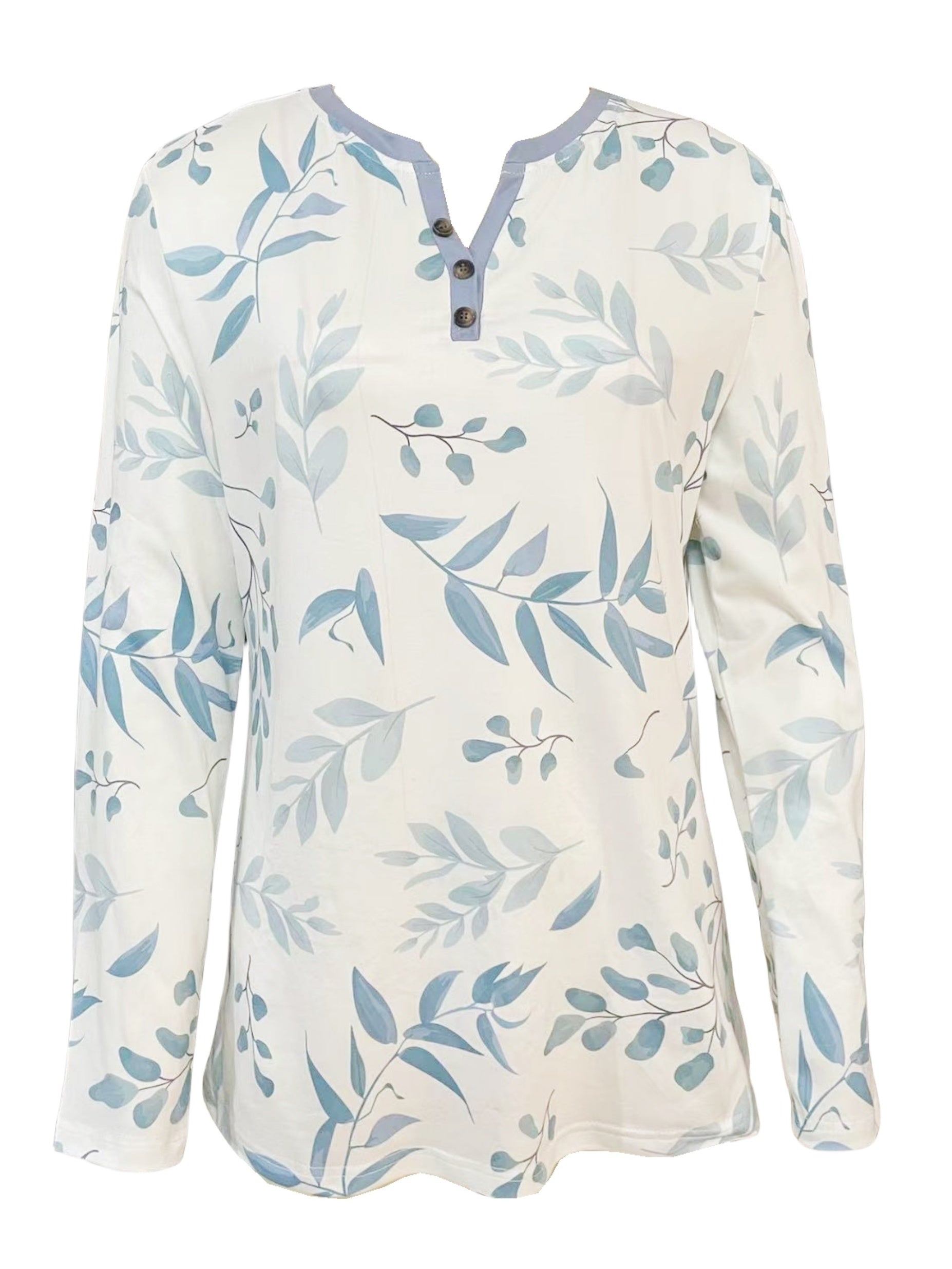 Spring And Autumn New Style Buttoned Leaf Printed Casual Long Sleeve T-Shirt