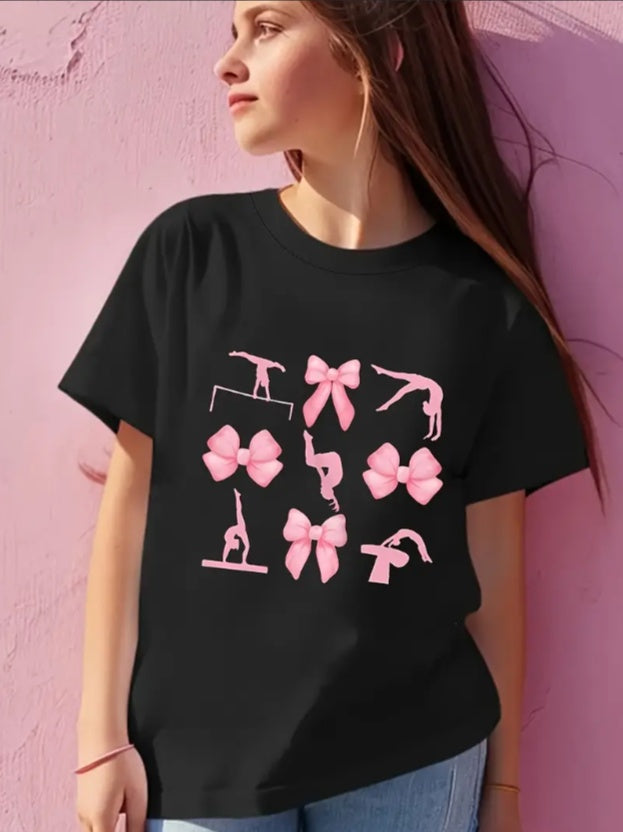 Girls' Gymnastics & Bow Print Short Sleeve T-Shirt, Casual Crew Neck Knit Top,Summer Fashion For Youngsters, Gymnastics Gifts For Girls