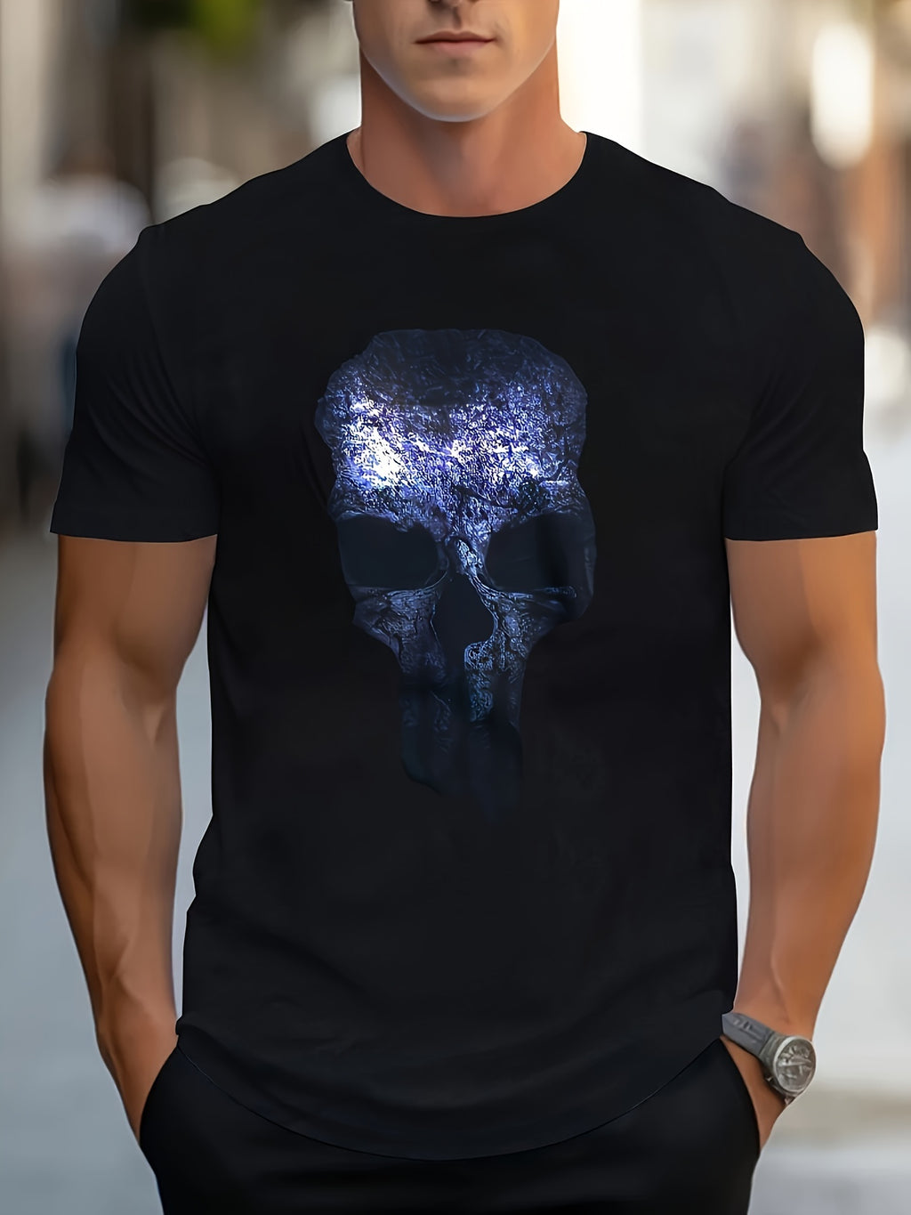 Men's Novel Skull Printed T-shirt - Casual Round Neck, Soft Polyester Blend, Machine Washable - Perfect For Summer Outdoor Activities