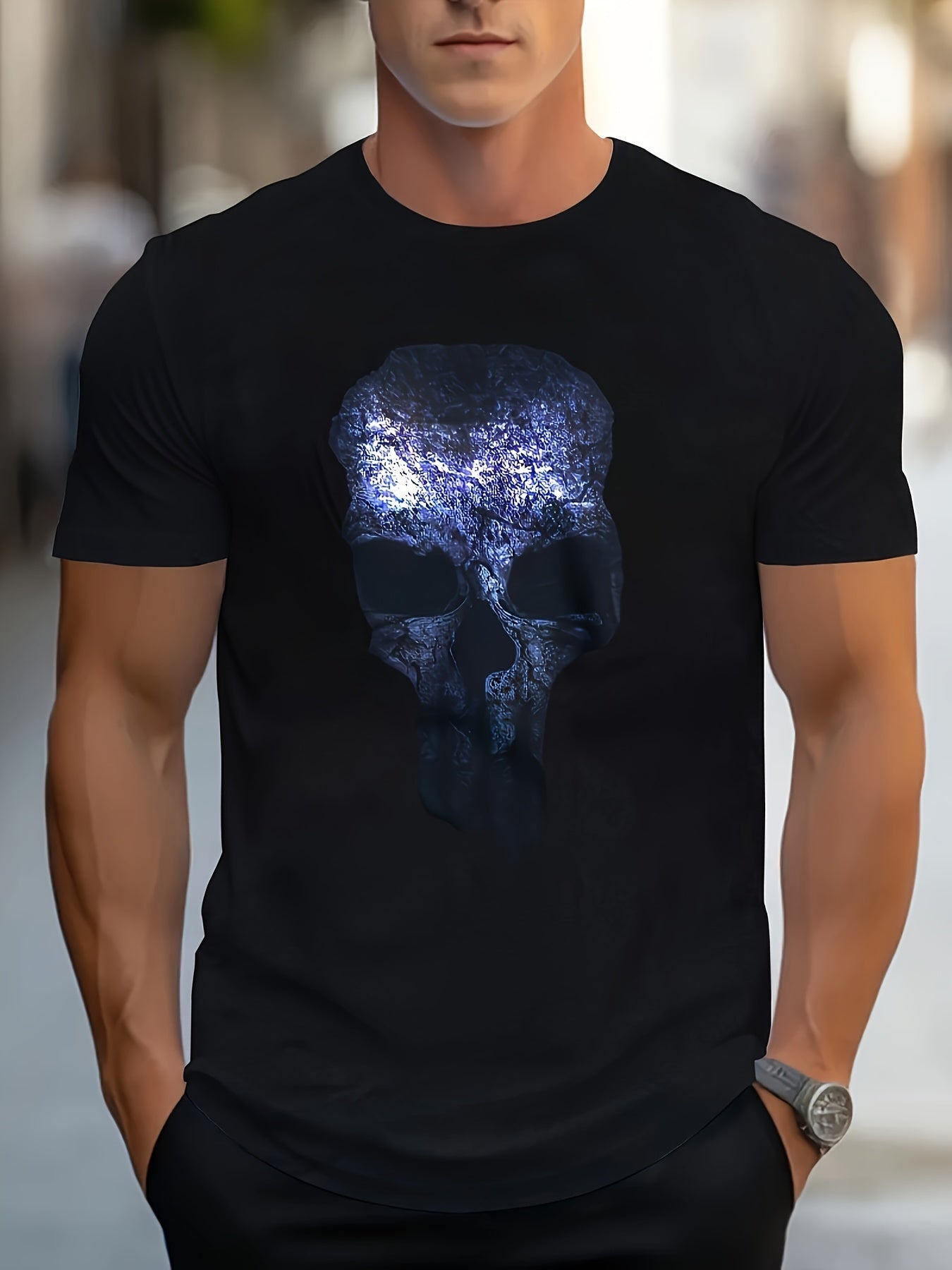Men's Novel Skull Printed T-shirt - Casual Round Neck, Soft Polyester Blend, Machine Washable - Perfect For Summer Outdoor Activities