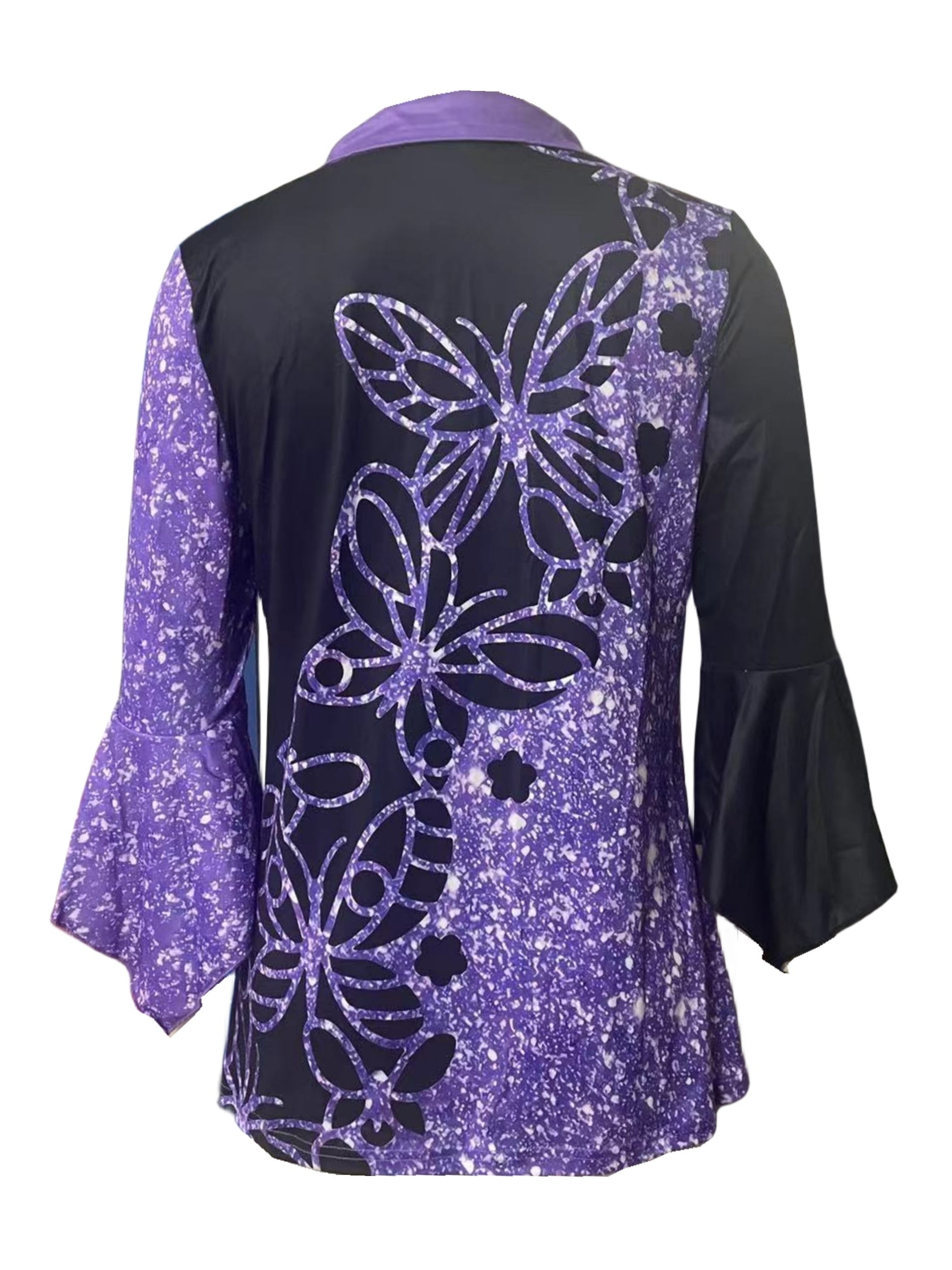 Spring And Autumn New Printed Lapel Three-quarter Sleeve T-shirt Irregular Cuff Button Top