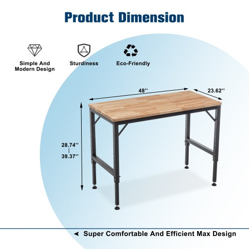 48 Heavy Duty Adjustable Workbench For Garage  Rubber Wood Shop Table W Rubber Pads  Hardwood Workstation Weight Capacity Over 2000 Lbs