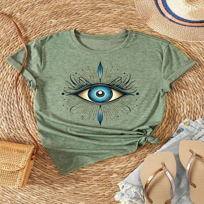Women's Round Neck Eye Print Short Sleeve T-Shirt Simple Casual Spring Summer Tee