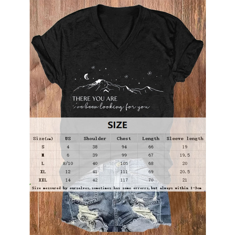Women's V-Neck Geometric Mountain & Starry Night Print With Inspirational Quote Summer Tee
