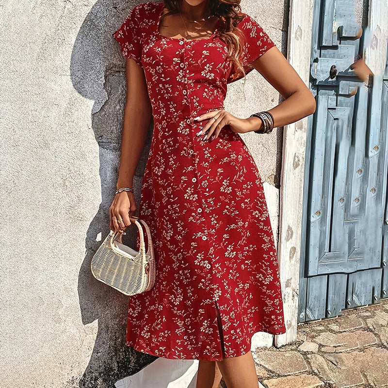Summer Floral Print Maxi Dress Women Button Up Split Long Flowy Bohemian Beach Party Dresses
