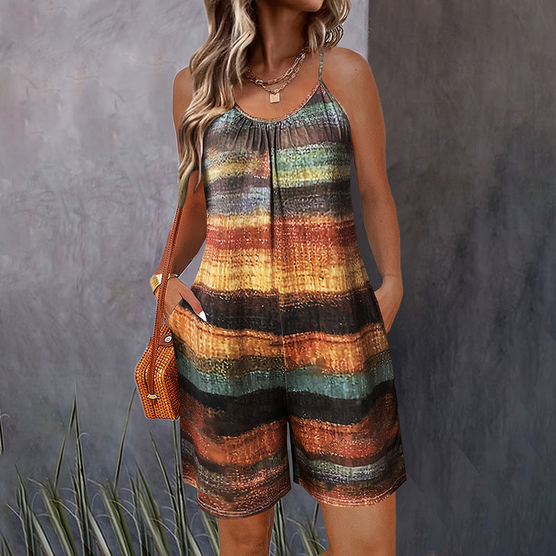 Womens Summer Casual Print Sleeveless Rompers Loose Spaghetti Strap Shorts Jumpsuit With Pockets