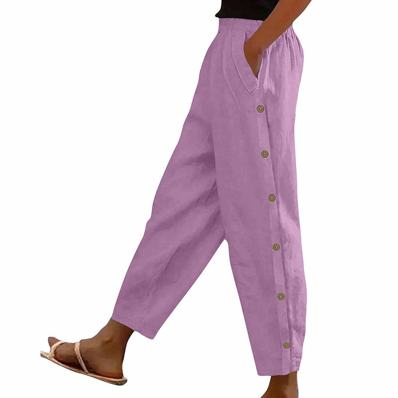 Women's Casual Pants Elastic Waist Side Button Loose Fit Trousers With Pockets