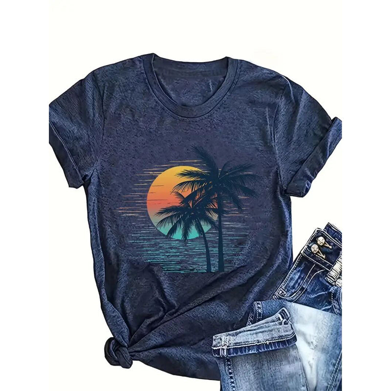 Women's Round Neck Sunset Palm Tree Print Short Sleeve T-Shirt Casual Spring Summer Top
