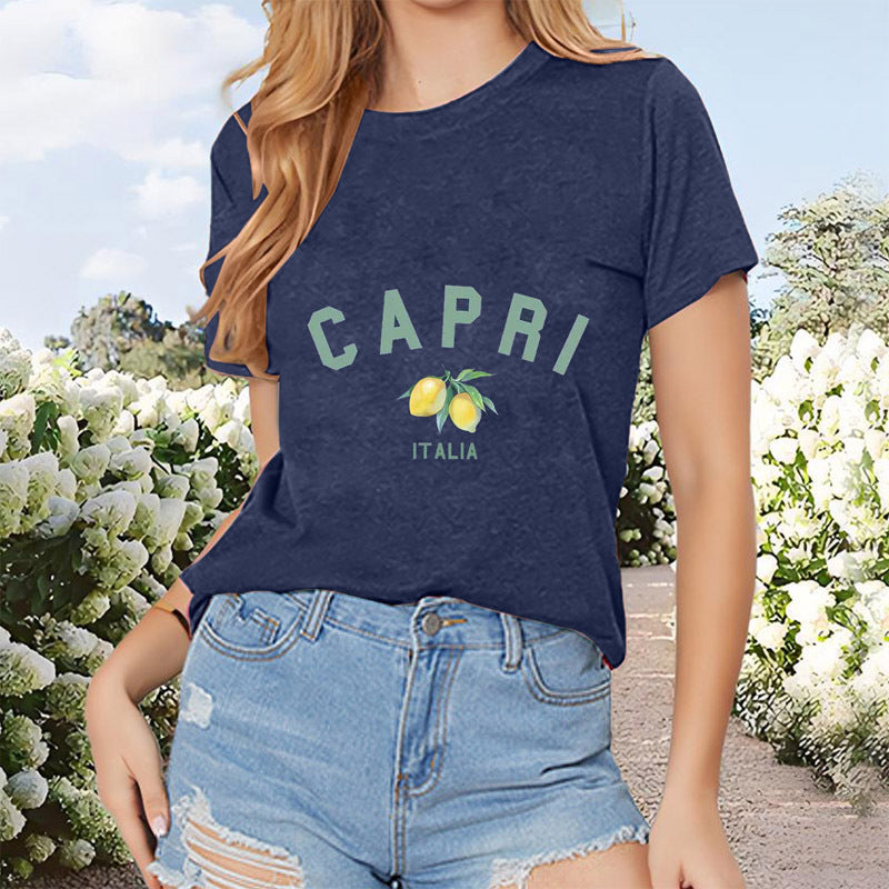Women's Lemon Print Round Neck T-Shirt Casual Short Sleeve Spring Summer Top
