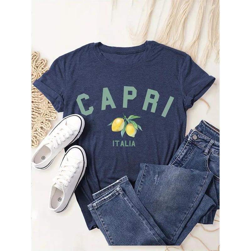 Women's Lemon Print Round Neck T-Shirt Casual Short Sleeve Spring Summer Top