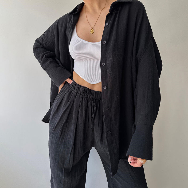 Women's Solid Color Lapel Collar Long Sleeve Shirt & High-Waist Pants Set - Casual Loose Fit Spring&Summer Outfit