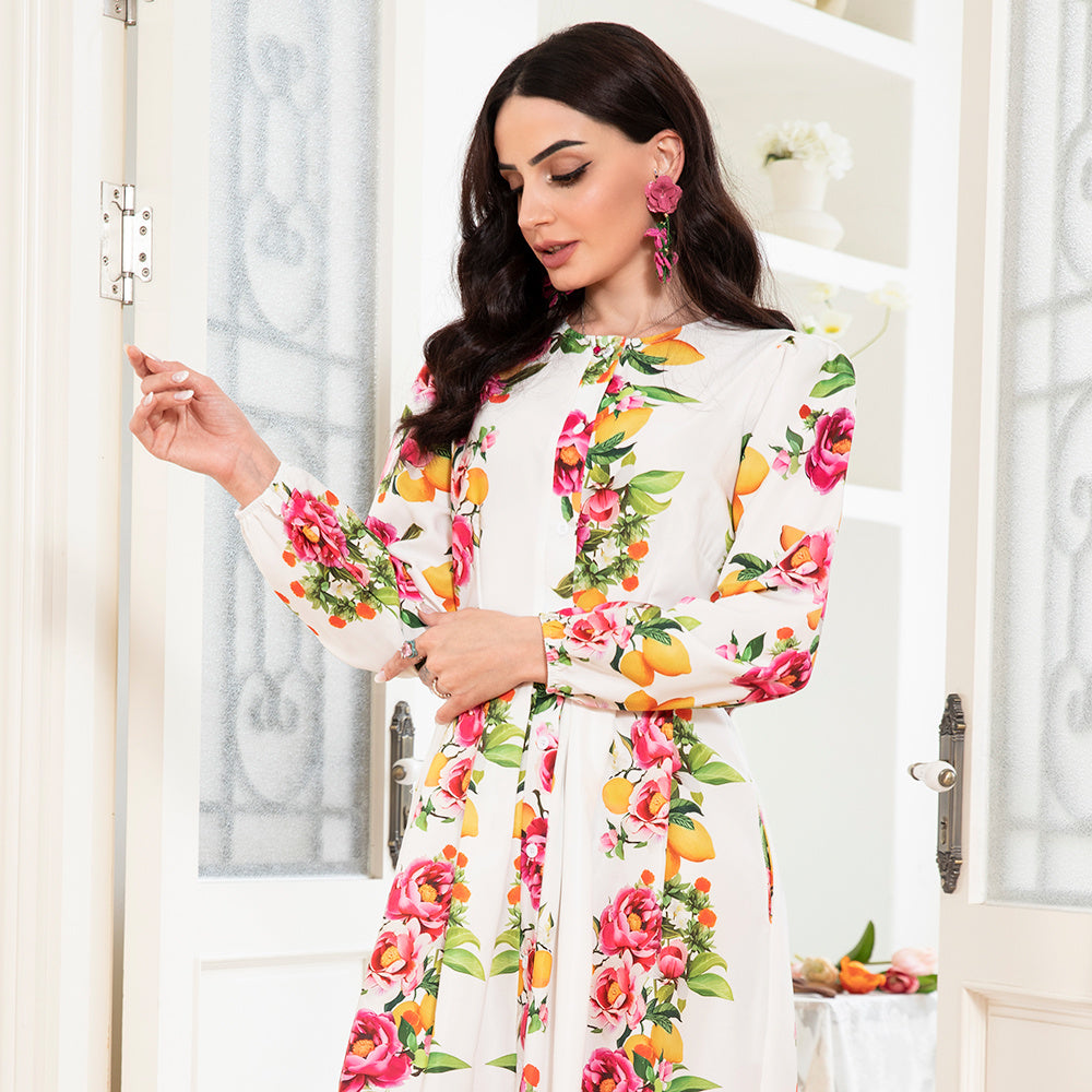 Elegant Style Round Neck Flowers Plant Buttons Puff Sleeve Long Dresses