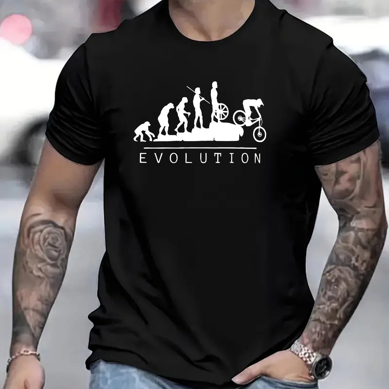 Evolutionary Cycling Pattern Printed Men's Round Neck Short Sleeved T-shirt, Summer Fashionable T-shirt, Casual And Comfortable Versatile Top, Suitable For Daily Wear