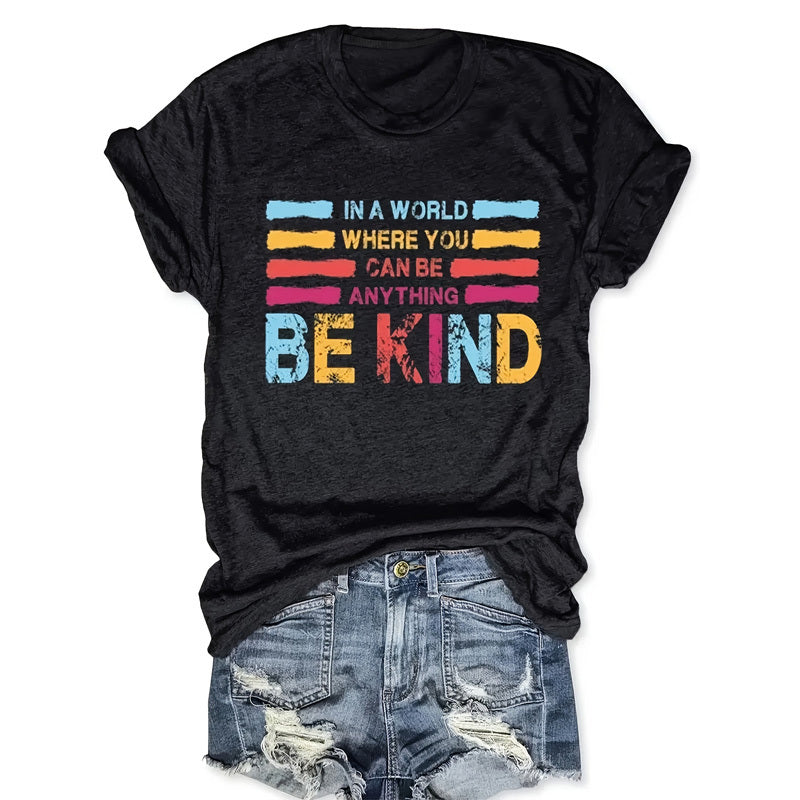 Women's Colorful Letter Print Round Neck Tee - Summer Casual T-Shirt