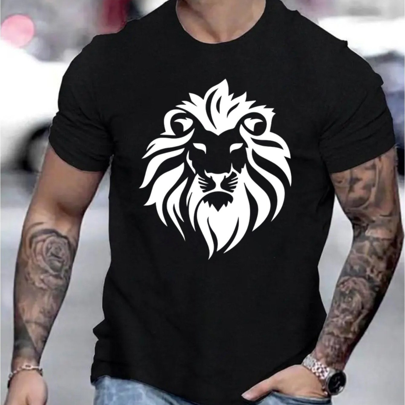 Lion Graphic Men's Short Sleeve T-shirt, Comfortable Stretch Summer Fashion T-shirt, Casual Daily Style Fashion Clothing
