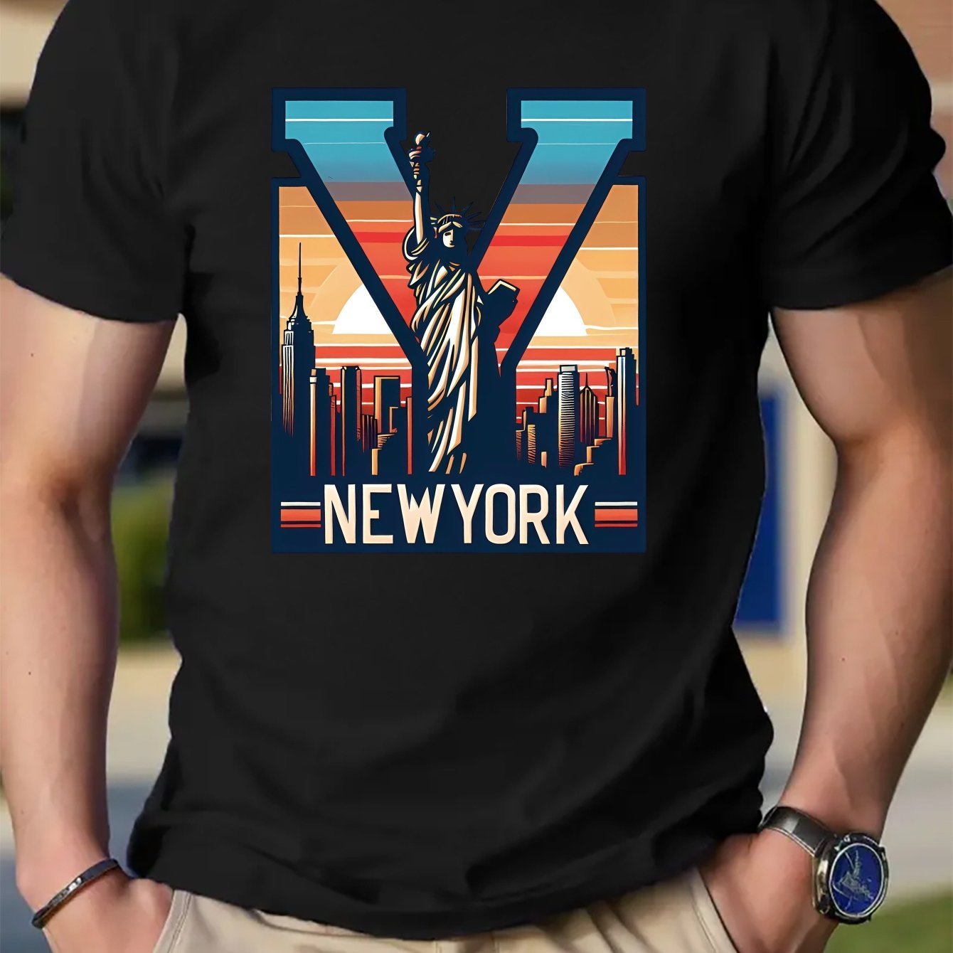 NEW YORK&Letters Printed Men's Round Neck Short Sleeve T-shirt Fashion T-shirt, Casual And Comfortable Breathable Top Spring Summer Holiday Men's Wear As A Gift