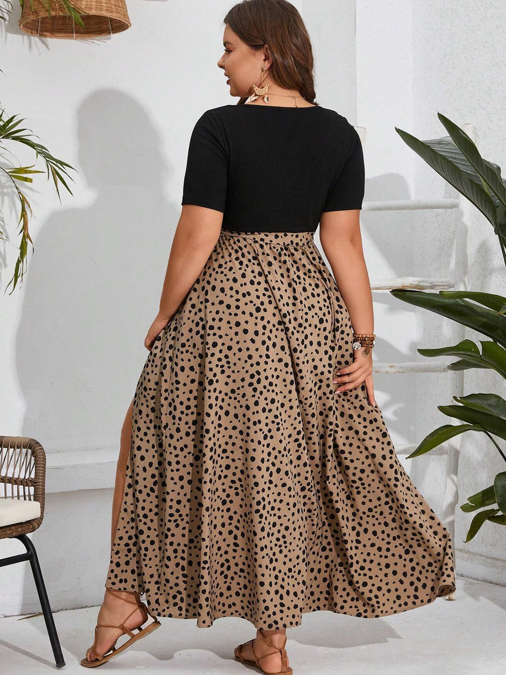 Women's Plus Size Side-Slit Summer Spliced Print Elegant Dress With Short Sleeves And Belt