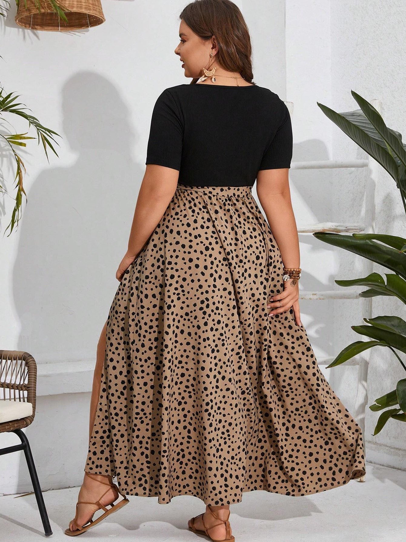 Women's Plus Size Side-Slit Summer Spliced Print Elegant Dress With Short Sleeves And Belt
