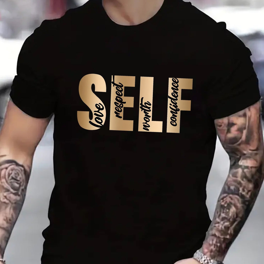 SELF Print, Men's Flat Design Round Neck Activity T-shirt, Summer Casual And Comfortable T-shirt, Men's Top Suitable For Daily Gym Exercise And Running