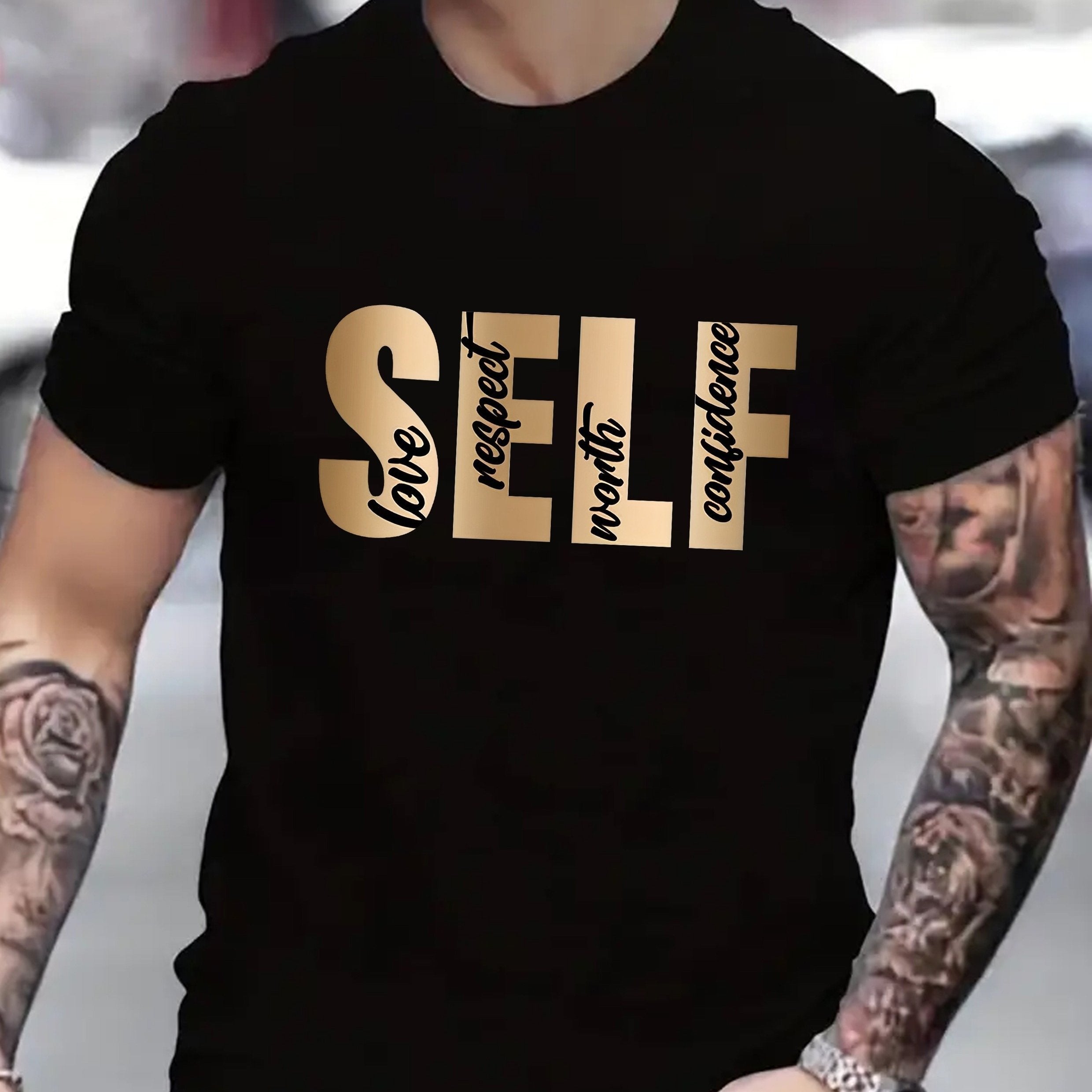 SELF Print, Men's Flat Design Round Neck Activity T-shirt, Summer Casual And Comfortable T-shirt, Men's Top Suitable For Daily Gym Exercise And Running