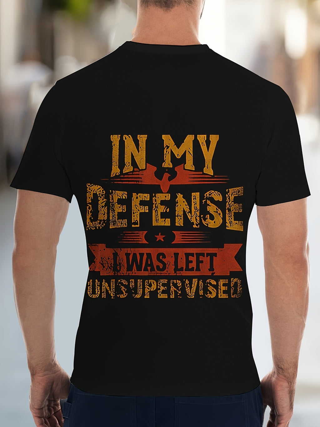Men's IN MY DEFENSE I WAS UNSUPERVISED Graphic Printed T-shirt, Short Sleeved Round Neck T-shirt, Summer Outdoor Men's Clothing