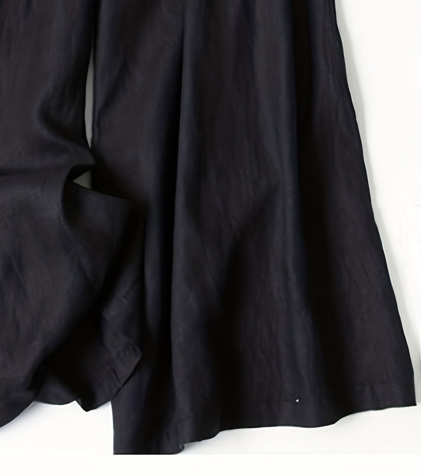 Comfortable Women's High Waist Wide-Leg Pants - Solid Black, Elastic Waistband With Pockets, Casual All-Season Polyester Trousers