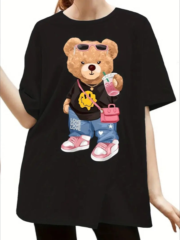 Youth Cartoon Bear Print T-Shirt, Crew Neck, Regular Fit, Summer Sports Style Tee For European And American Teens