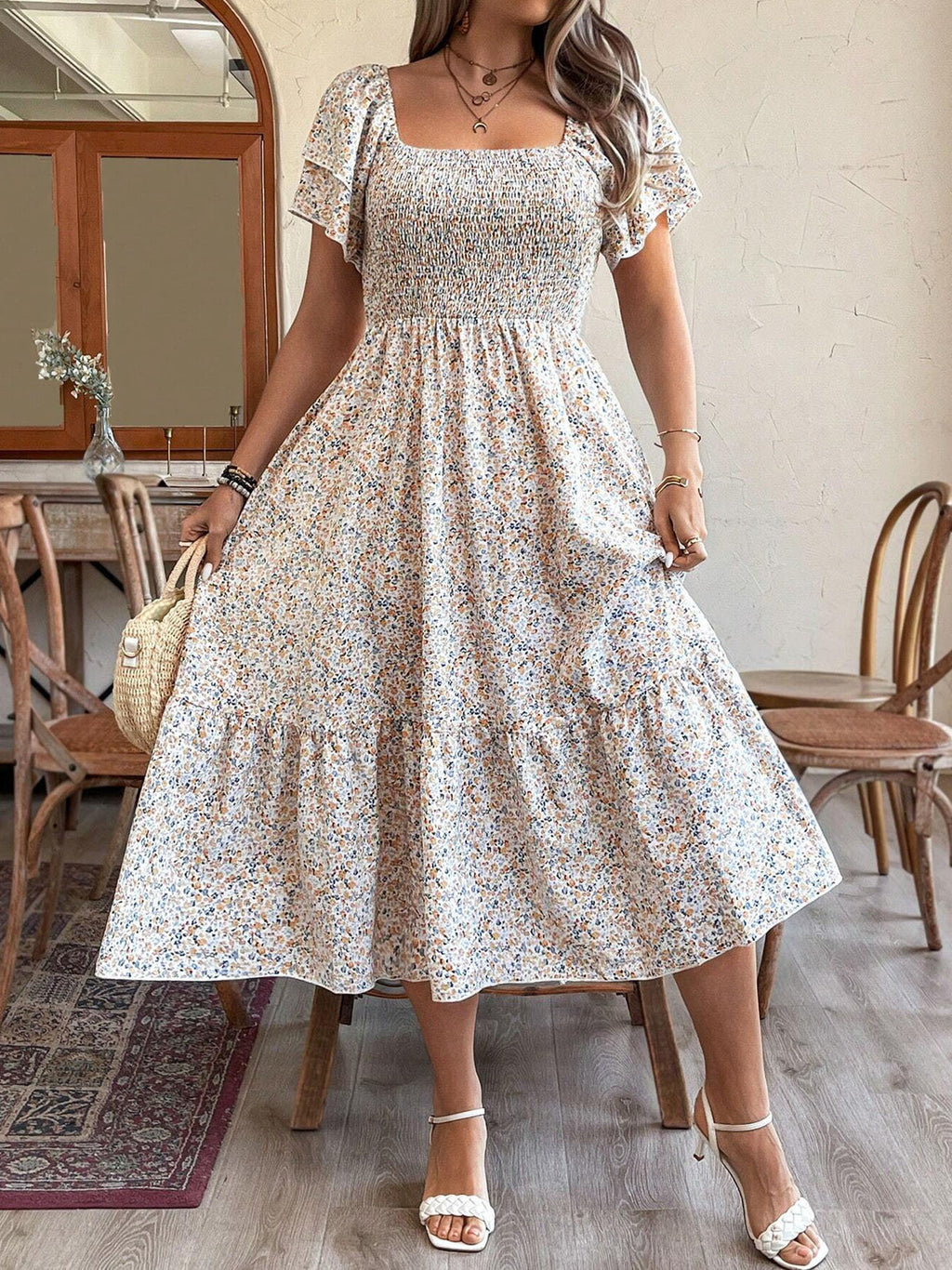 Women's Plus Size Backless Midi Dress For Summer Party - Elegant Pleated Printed Dress