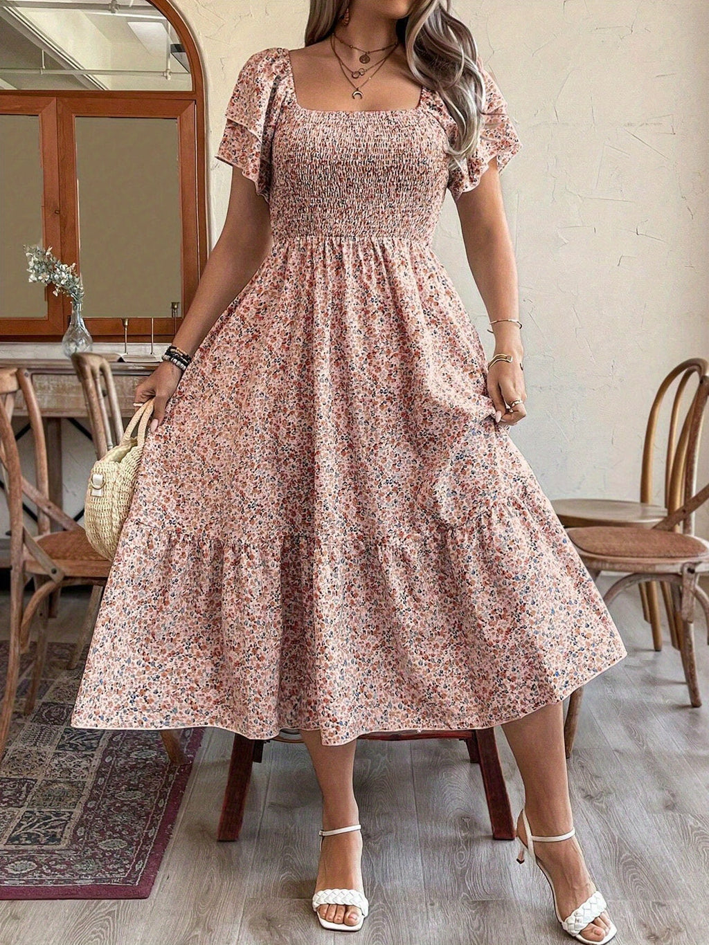 Women's Plus Size Backless Midi Dress For Summer Party - Elegant Pleated Printed Dress