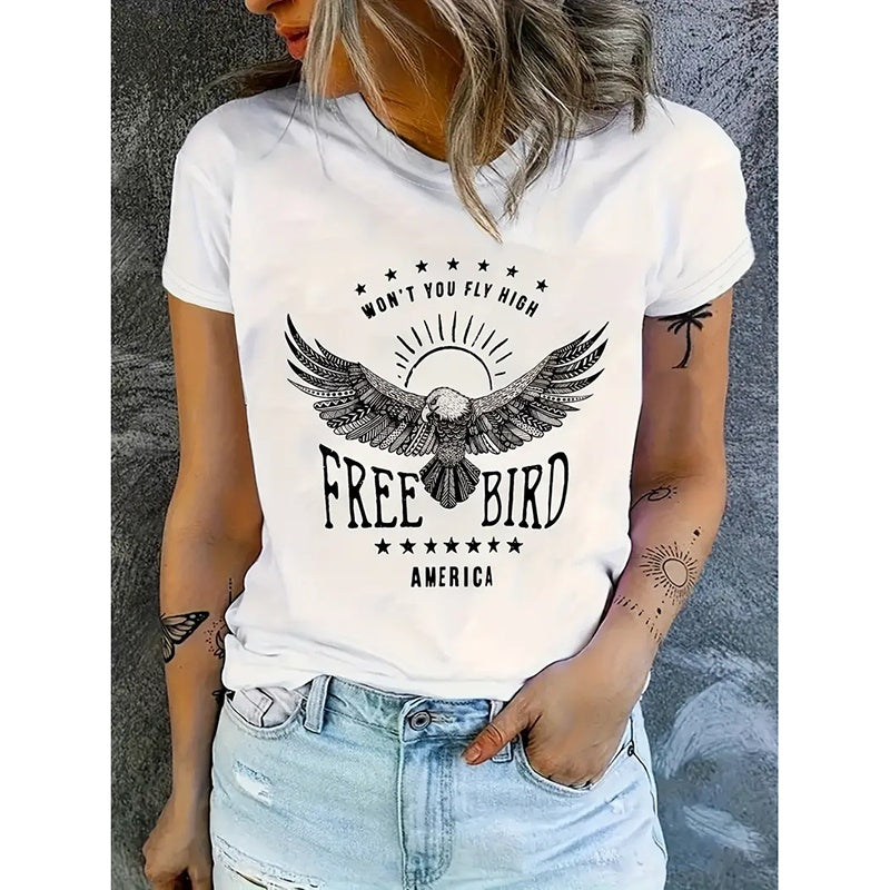Woman Free Bird Shirt Eagle Graphic Tees Casual Summer Crew Neck Short Sleeve Tops