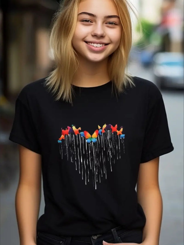 Butterfly Print Short Sleeve T-shirt, Girls Casual Crew Neck Tees For Summer Gift Outdoor, Hip Hop Style, Easter
