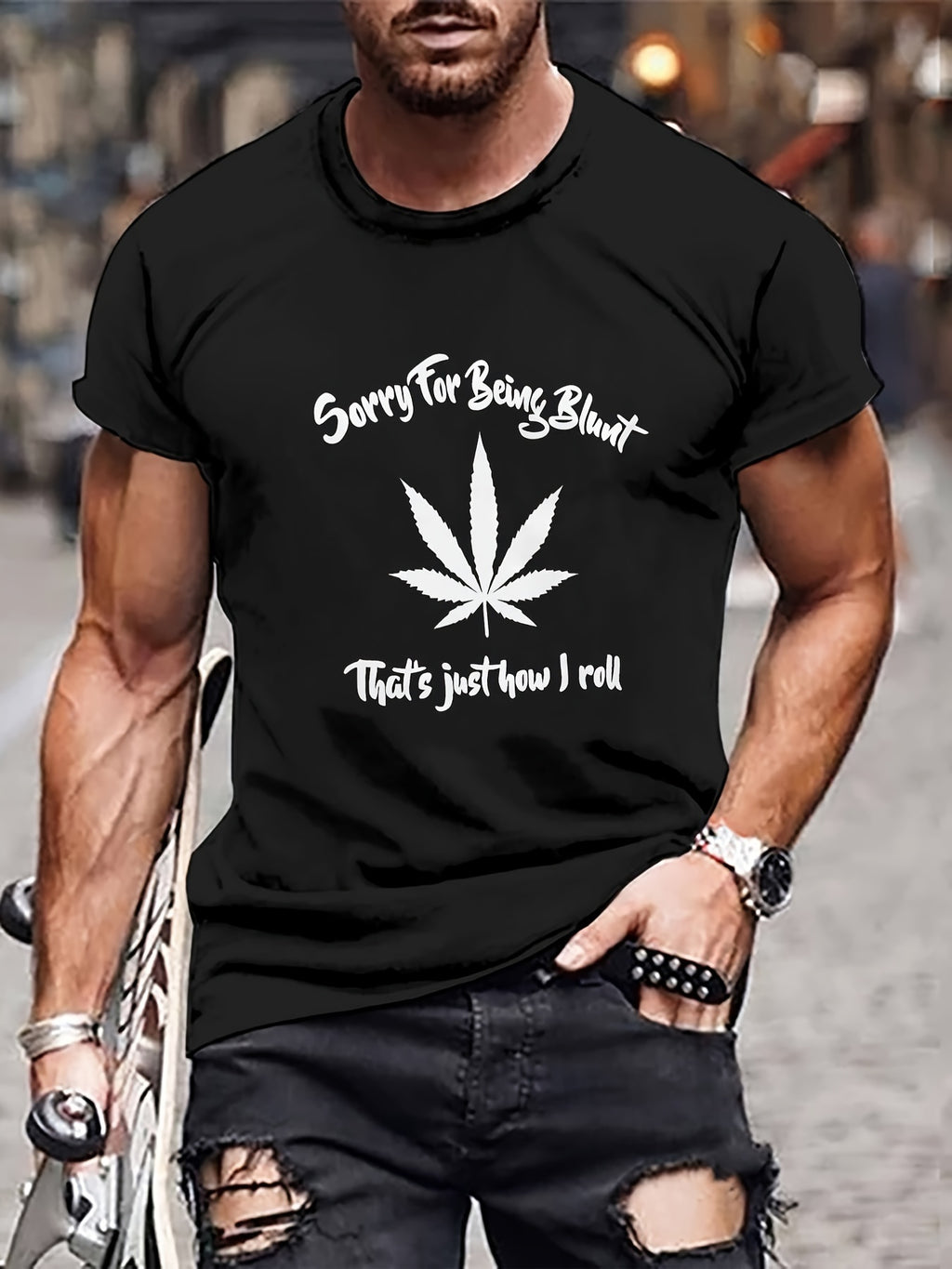 Men's Leaf Pattern Printed T-shirt, Short Sleeved Round Neck T-shirt, Summer Outdoor Men's Clothing