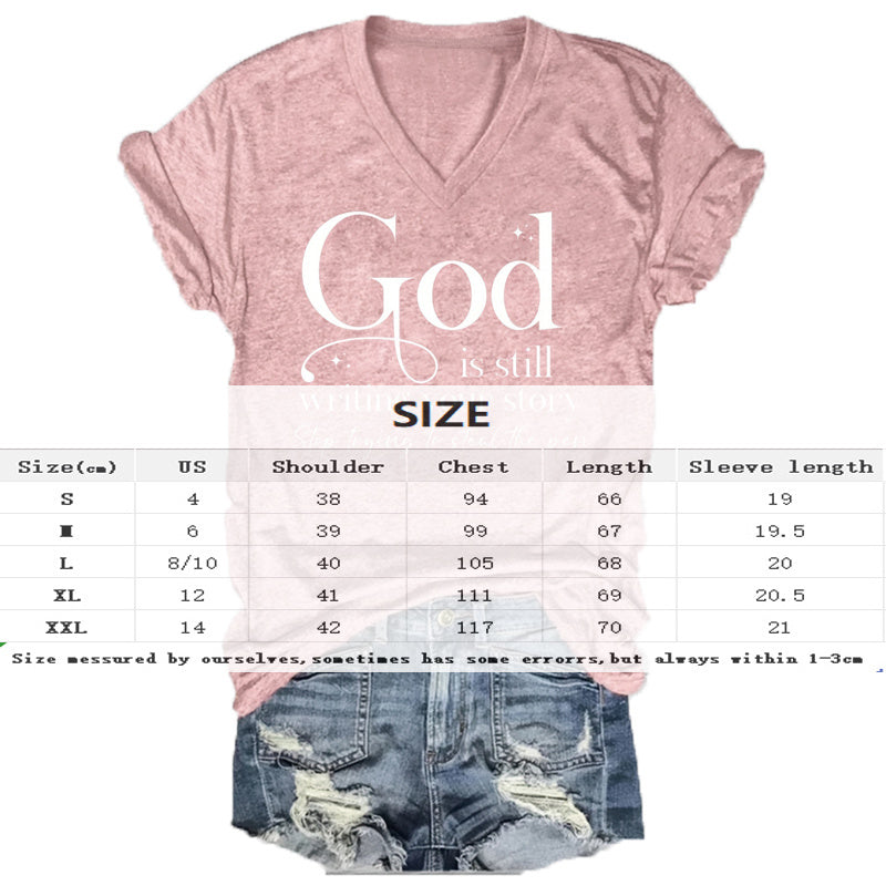 Women's V-Neck Short Sleeve T-Shirt - 'God' Letter Print, Summer Casual Top
